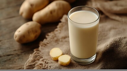 Creamy Potato Milk in Glass with Cut Potatoes on Rustic Burlap and Wood Table