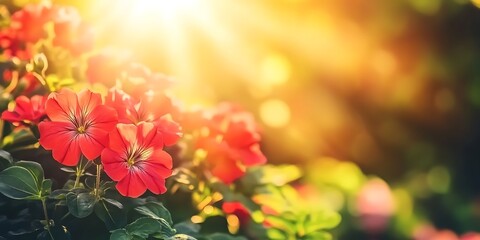 Red flowers bloom in garden under bright sun rays; backdrop for posters, cards, seasonal marketing