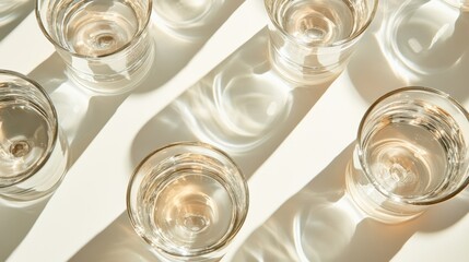 A top-down view of a set of clear glasses on a white surface, illuminated by bright, soft lighting