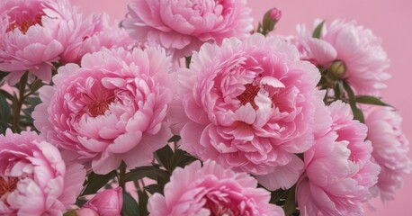 Dense cluster of pink peonies, soft pink backdrop, texture, romantic