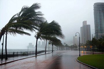 street with a lot of trees and buildings. The street is wet and there is a lot of rain