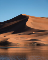 Erg Chebbi Sand Dunes and a lake in an Oasis, Merzouga, Morocco
