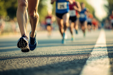runner is in the middle of a race with other runners. The runner is wearing blue shoes and is running on a road