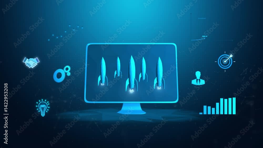 Poster digital startup launch concept with glowing rocket icons on computer monitor screen. looping video a