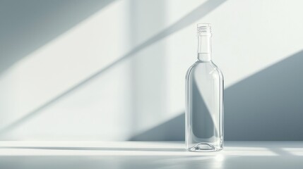 A pristine bottle filled with clear liquid, placed on a clean surface in a minimalist setting.