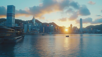 Obraz premium Spectacular skyline view of Hong Kong with Victoria Harbour at sunrise