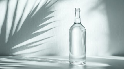 A pristine bottle filled with clear liquid, placed on a clean surface in a minimalist setting.