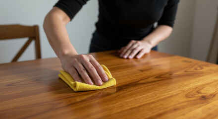 Woman hand cleaning wooden table with yellow cloth. Furniture maintenance and wood surface care protecting natural materials and enhancing home appearance