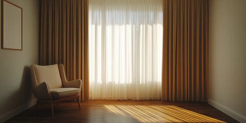 A serene interior featuring a minimalist armchair beside sheer curtains, illuminated by soft sunlight streaming through a large window.