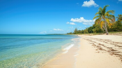 A beach with a wide view of the horizon, featuring clear skies and a soft, relaxing atmosphere.