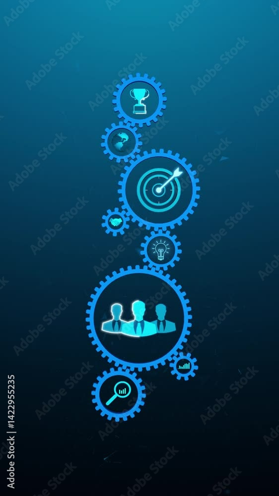Poster teamwork and business process concept with gear mechanism, vertical video. looping video and alpha c