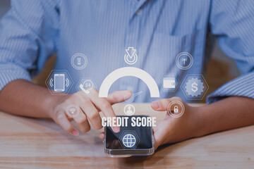 Credit score concept with digital interface, showing credit rating chart, value history, online financial check, business risk assessment, and fintech dashboard analytics for data-driven lending