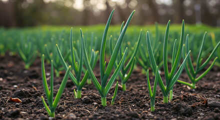 Young green onion sprouts growing in dark soil. Close-up view of seedling plants in garden bed showing early spring cultivation for fresh produce and natural organic gardening