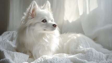 Fototapeta premium A close-up of a fluffy white dog sitting on a white blanket, illuminated with soft, natural light to bring out the texture of its fur