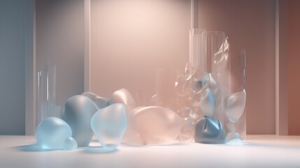 Abstract arrangement of organic glass shapes and transparent cylinders