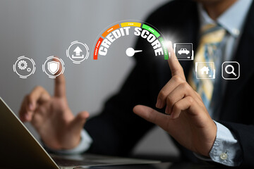 Credit score concept with digital interface, showing credit rating chart, value history, online...