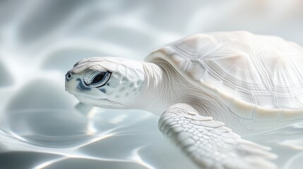 A close-up of a white turtle swimming in clear water, captured with soft lighting to highlight its smooth shell and gentle expression