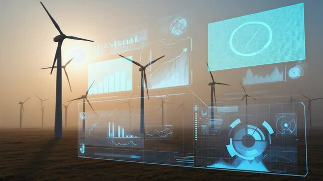 Wind turbines with overlaid digital data displays. - Powered by Adobe