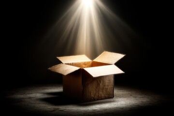 A mysterious illuminated open box sits in darkness, suggesting discovery or potential, with a beam of light creating an intriguing atmosphere.