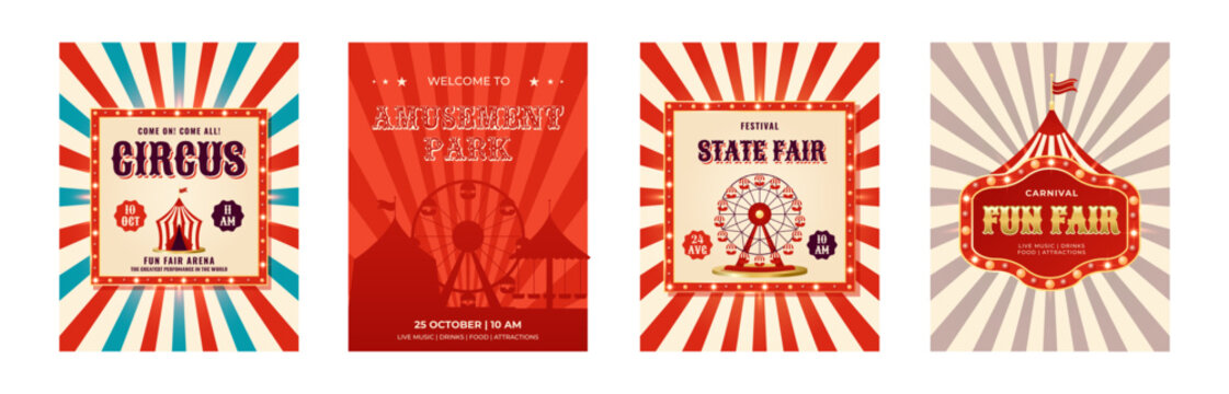 Colorful vintage poster set. Circus, amusement park, state fair, fun fair. Design for events, festival, carnival, party, performance and more. Retro vector illustration
