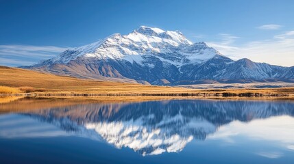 Beautiful mountain peak with its reflection in a lake at sunrise. The focal point is on the snow-covered peaks during the autumn season