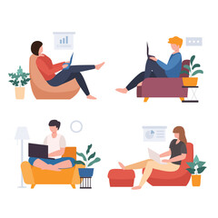 Remote Work: Diverse People Working from Home on Laptops