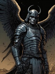 Fototapeta premium Wings of Ruin – The Fallen Angel in Ancient Armor