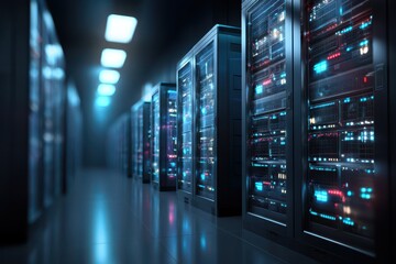 A futuristic server room filled with glowing racks of data servers, showcasing advanced technology in a sleek, dark environment.