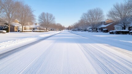 Snowy residential street on a bright winter day.  Houses and trees are covered in snow