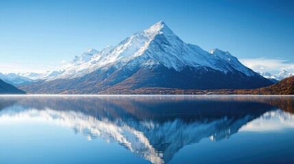 Naklejka premium Beautiful mountain peak with its reflection in a lake at sunrise. The focal point is on the snow-covered peaks during the autumn season
