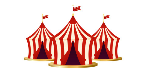 Three circus tent in flat style. Red, gold and beige colors. Vector illustration isolated on transparent background © Dukhanina Ekaterina