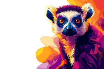 Fototapeta premium Colorful geometric illustration of a ring-tailed lemur featuring striking orange eyes and a vibrant patterned coat.