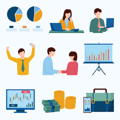 Business Finance Icons: Charts, Graphs, Teamwork, and Success
