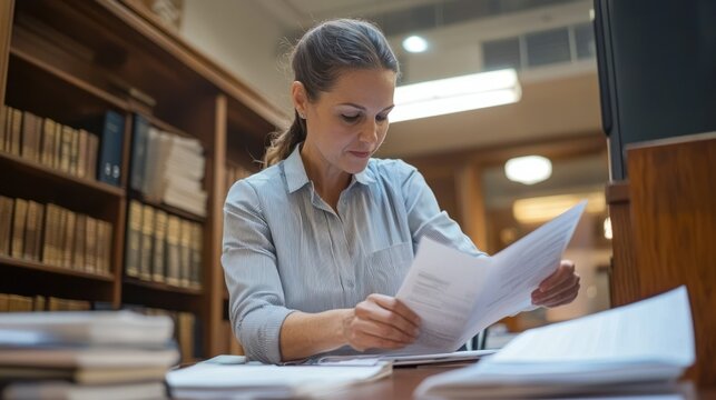 A court clerk assisting with paperwork in a courtroom, where legal proceedings are taking place.