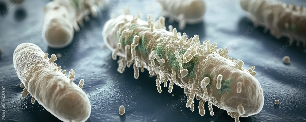 Poster detailed 3d render of bacteria forming impenetrable structures on a biological surface, showcasing i