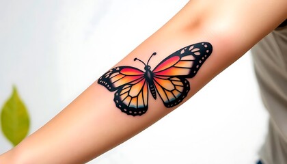 Close-up view of a vibrant orange and black monarch butterfly tattoo on a woman's forearm, showcasing intricate details and artistic skill.