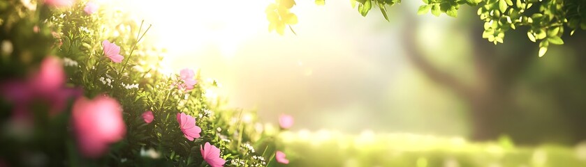 Fototapeta premium Pink blossoms in a park bathed in sunlight, for themes of spring or a peaceful vacation