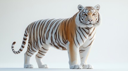 A front-facing shot of a white tiger standing proudly on white snow, illuminated with soft, diffused lighting to show its powerful build