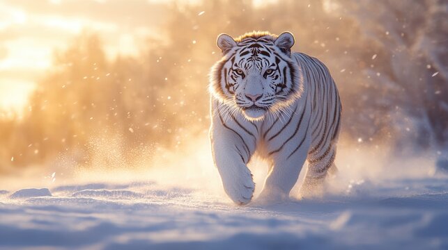 A front-facing shot of a white tiger standing proudly on white snow, illuminated with soft, diffused lighting to show its powerful build