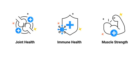 Health Support Icon Set – Joint Health, Immune Protection, and Muscle Strength Symbols for Wellness and Fitness Products