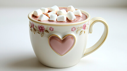 Pink Hot Chocolate With Marshmallows In Heart Mug On White Table