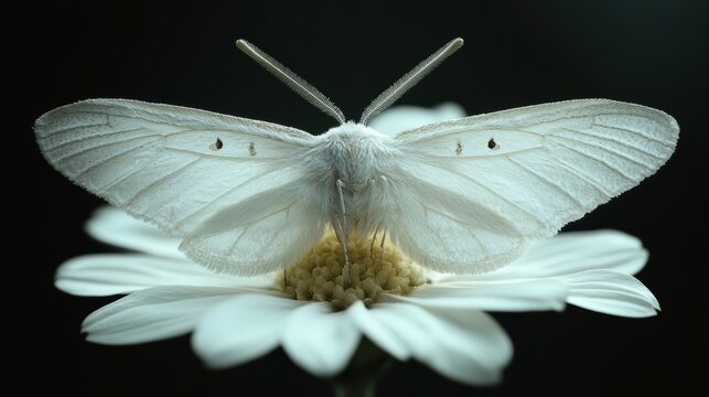 A macro shot of a white moth on a white flower, illuminated with soft natural light to bring out the fine details of its wings