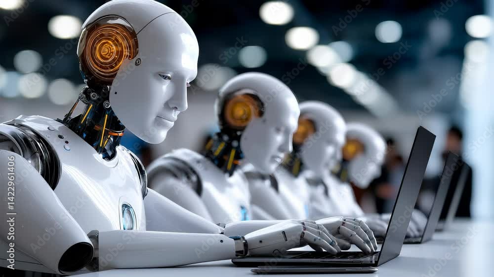 Poster humanoid robots working on laptops in a tech environment