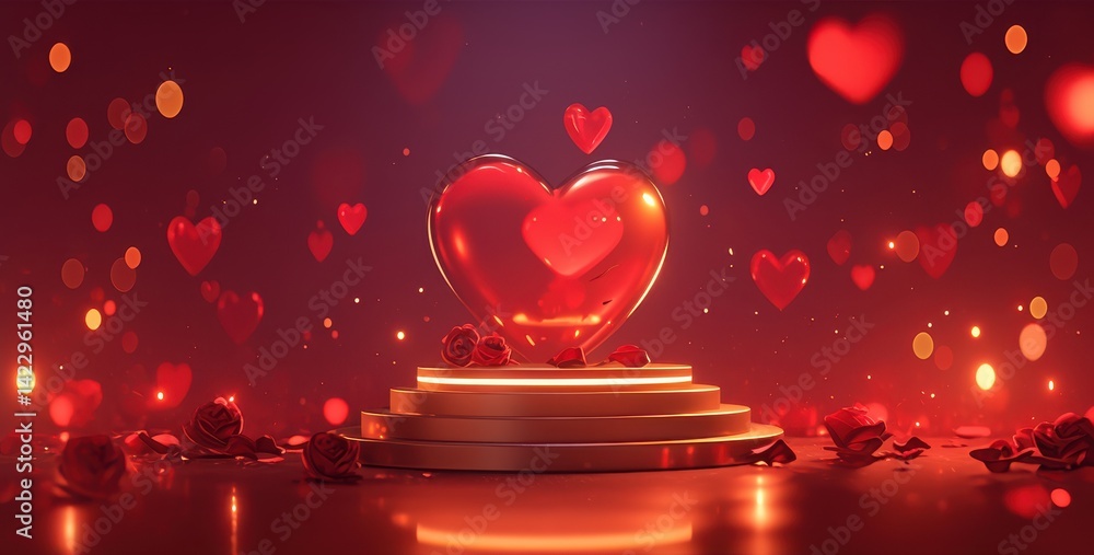 Aufkleber romantic 3d rendering of a heart with floating hearts and roses on a elegant background for valentin