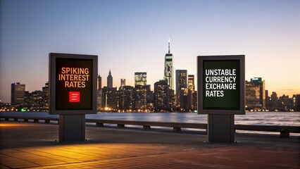 A city skyline at dusk features two digital signs highlighting economic issues: "Spiking Interest Rates" and "Unstable Currency Exchange Rates.