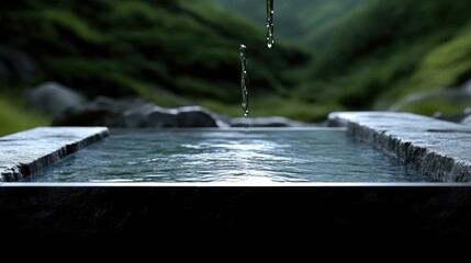 Clear water falls into a stone basin, surrounded by nature