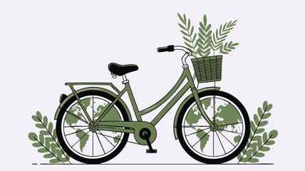 Fototapeta premium A charming illustration of a vintage-style bicycle with a basket and leaves, presented in a muted olive green color scheme