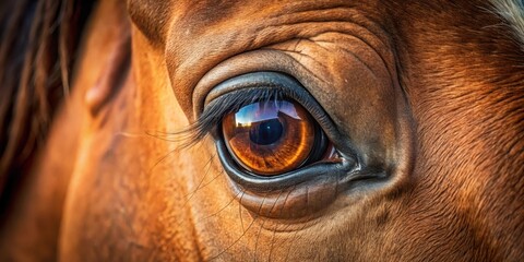 A Captivating Close-Up of a Horse's Amber Eye, Showing Intricate Details of its Iris, Pupil, and Eyelashes, Set Against the Rich Texture of its Brown Coat