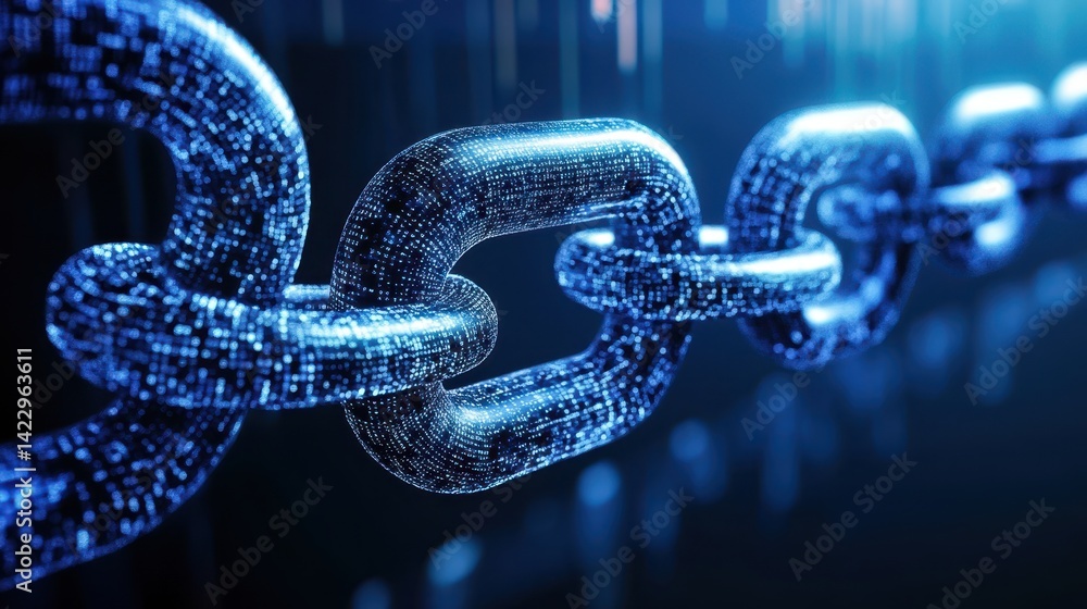 Poster digital blue chain links connected on a dark abstract background. useful for blockchain, security, t