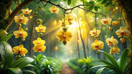 Serene Yellow Orchids Cascading in a Mystical Sunlit Forest Path